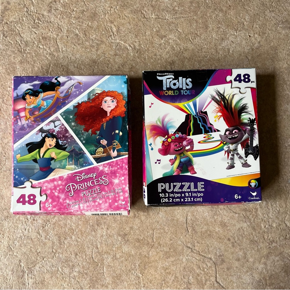 Trolls World Tour and Disney Princesses puzzle set 48 pc